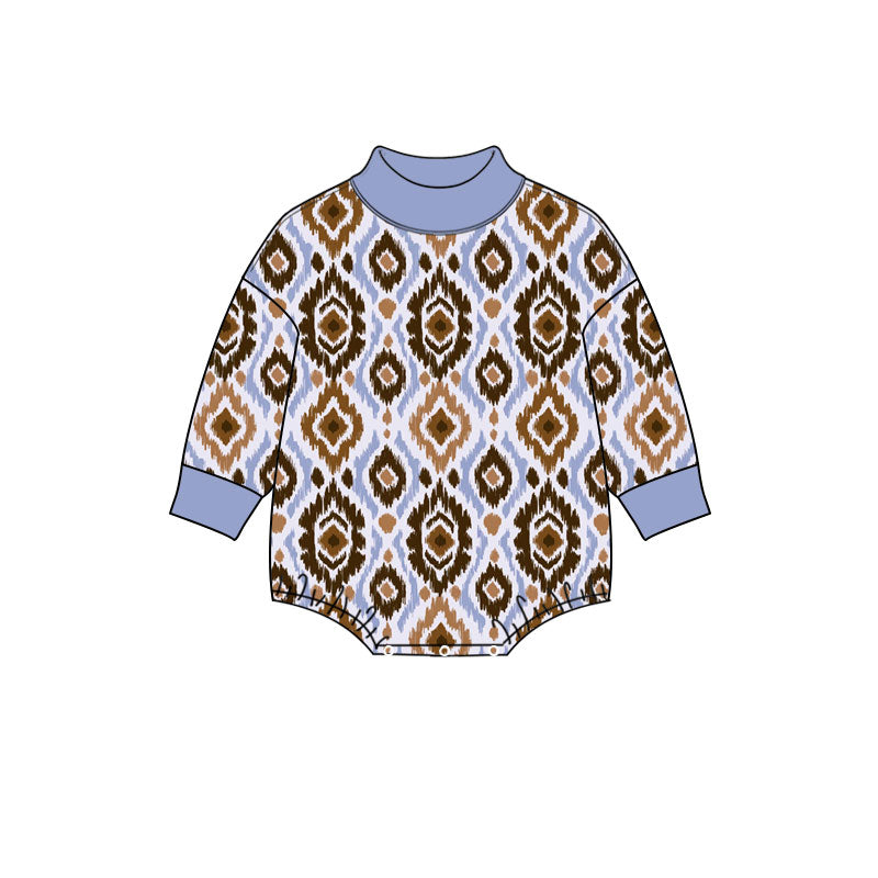 Preorder (moq 5) LR3420 Baby Unisex Clothes Western Ikat Diamond Geometric Print Long Sleeve Mock Neck Bubble Romper