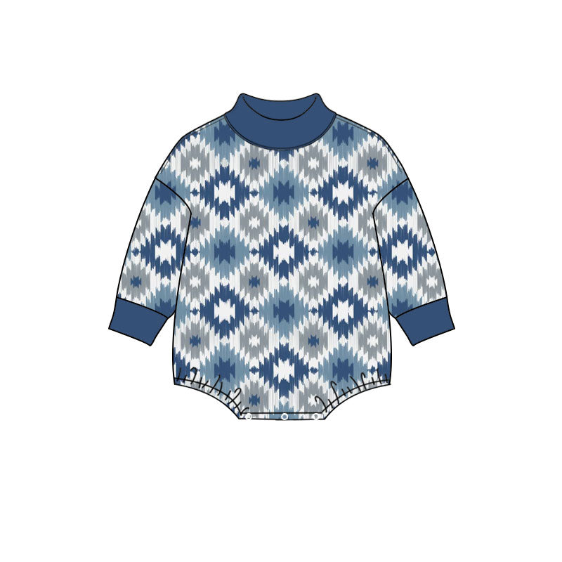 Preorder (moq 5) LR3421 Baby Unisex Clothes Southwest Aztec Ikat Pattern Print Long Sleeve Mock Neck Bubble Romper