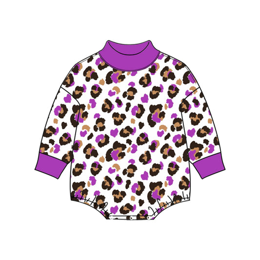 Preorder (moq 5) LR3430 Baby Girl Clothes Valentine Purple Leopard Lips Print Long Sleeve Bubble Romper