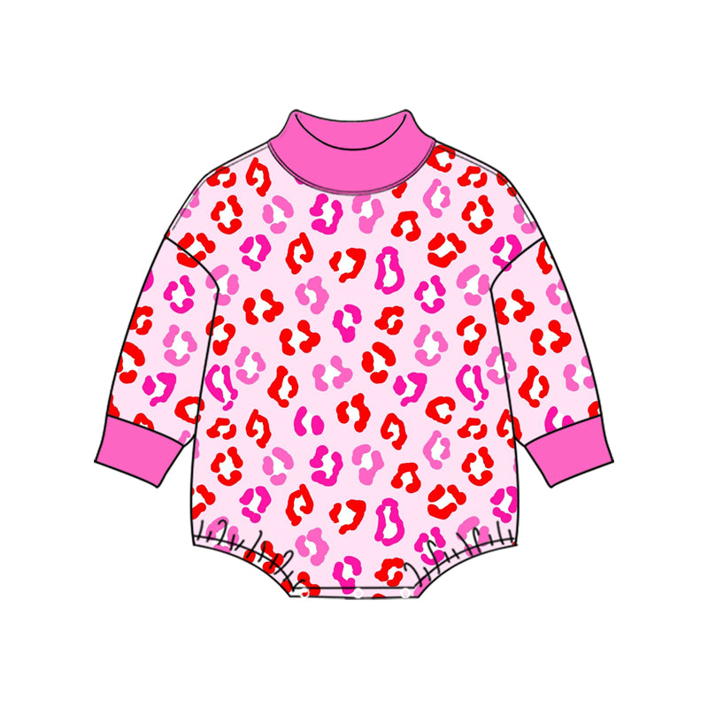Preorder (moq 5) LR3431 Baby Girl Clothes Valentine Pink Leopard Lips Print Long Sleeve Bubble Romper