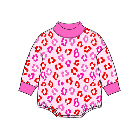 Preorder (moq 5) LR3431 Baby Girl Clothes Valentine Pink Leopard Lips Print Long Sleeve Bubble Romper