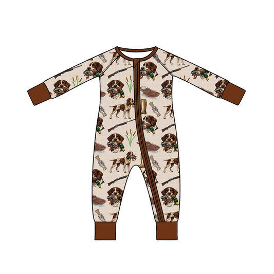 Preorder (moq 5) LR3433 Baby Boy Clothes Hunting Wildlife Print Long Sleeve Zipper Romper