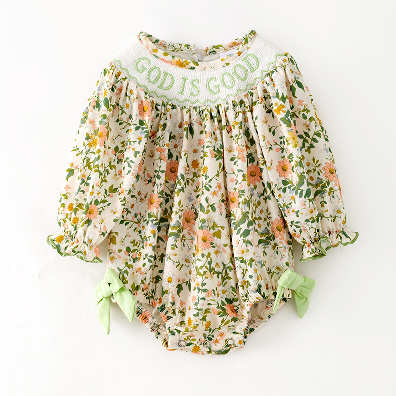 Preorder (moq 5) LR3437 Baby Girl Clothes Spring Floral Print Puff Short Sleeve Bubble Romper