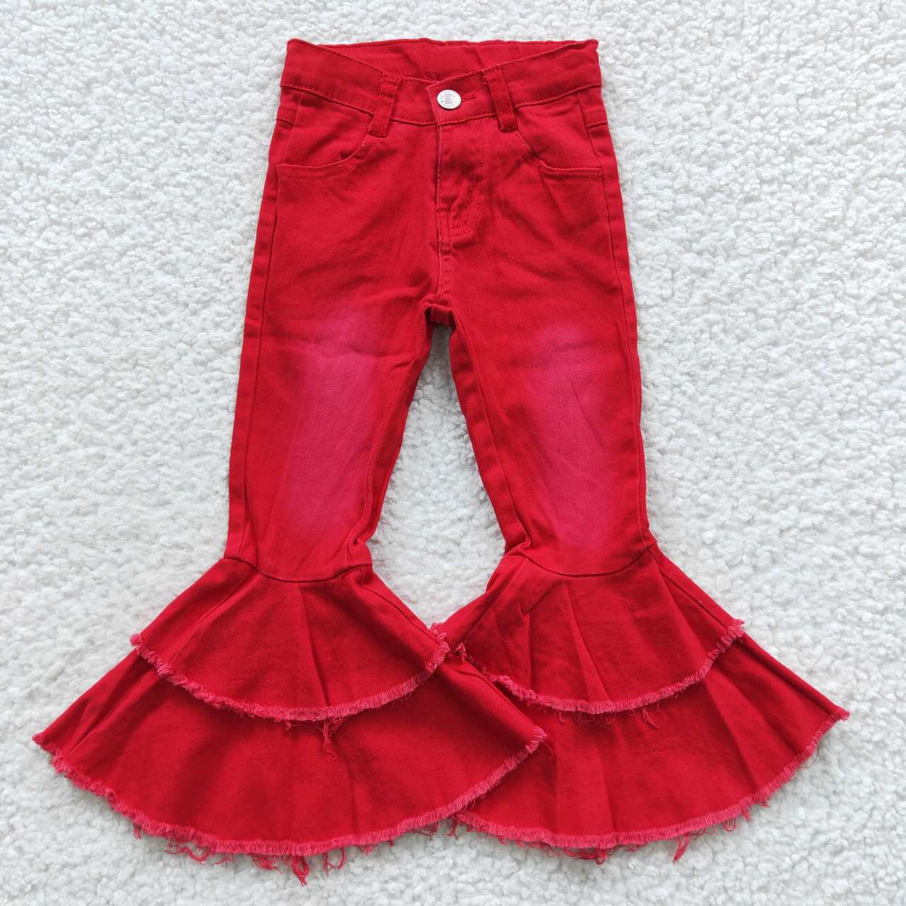 P0006 RTS red bleached double ruffles button jeans denim pants 20230527