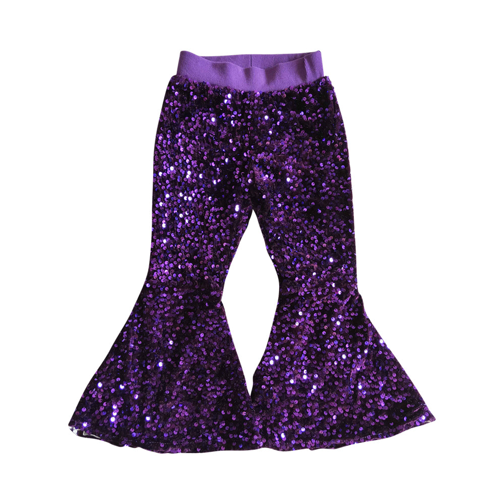 NO MOQ RTS P0032  Girl Clothes Purple Velvet Sequin Print Elastic Waist Flare Bell Bottom Pants 202610