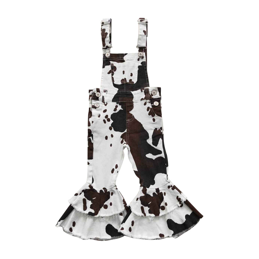 NO MOQ RTS P0084 Baby Girl Clothes Cow Spot Western Print Sleeveless Double Ruffle Flare Overalls 202610