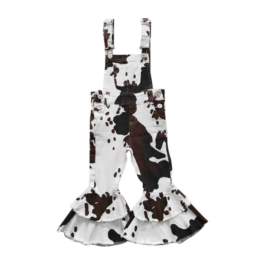 NO MOQ RTS P0084 Baby Girl Clothes Cow Spot Western Print Sleeveless Double Ruffle Flare Overalls 202610