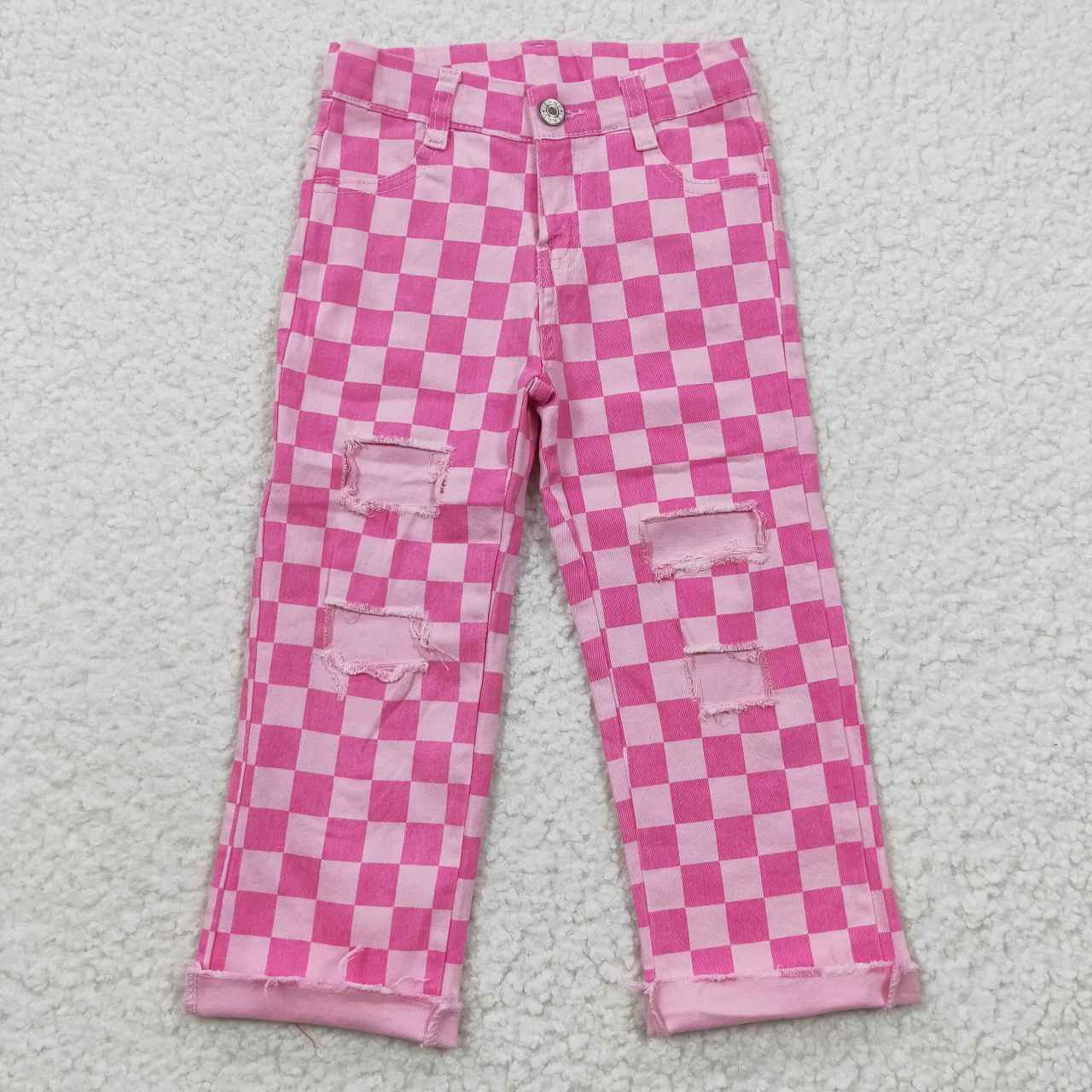 P0096 RTS western boy kids girls checkerboard ripped jeans pants 20230429 RTS