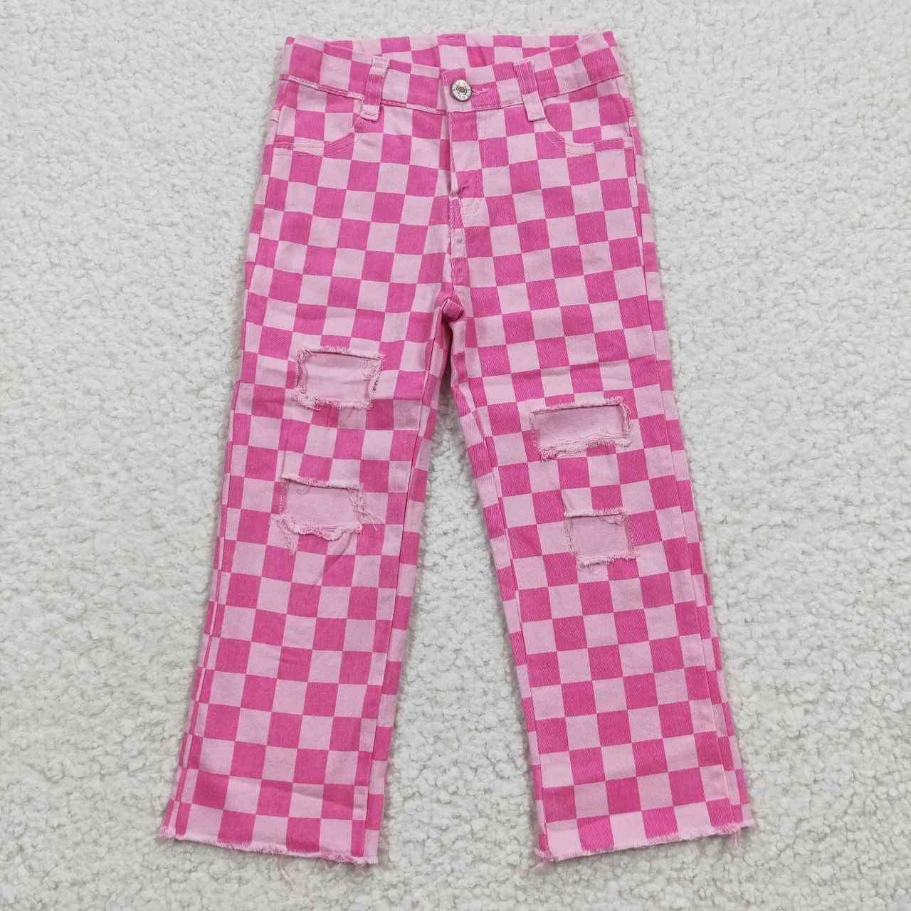 P0096 RTS western boy kids girls checkerboard ripped jeans pants 20230429 RTS