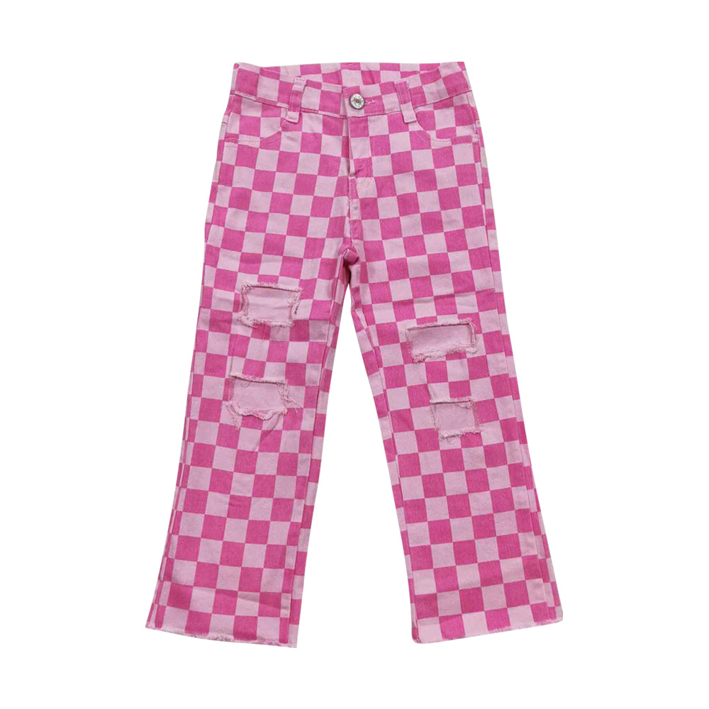 NO MOQ RTS P0096 Girl Clothes Pink Checkerboard Print Long Sleeve Ripped Flare Denim Pants 202610