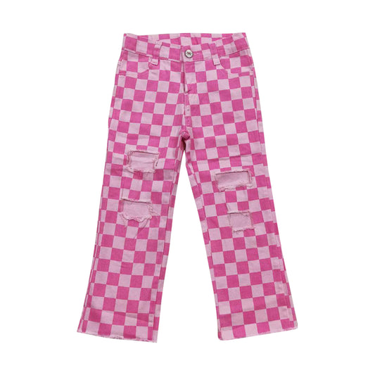 NO MOQ RTS P0096 Girl Clothes Pink Checkerboard Print Long Sleeve Ripped Flare Denim Pants 202610