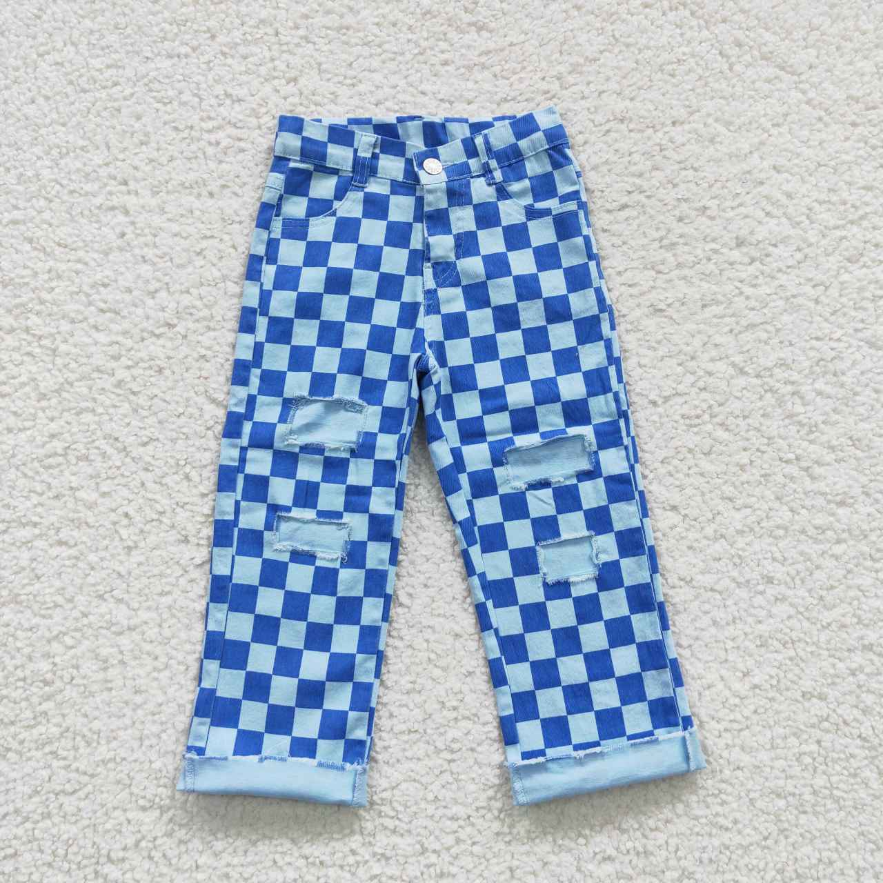 P0097 checkerboard  western boy ripped jeans pants 20230502 RTS