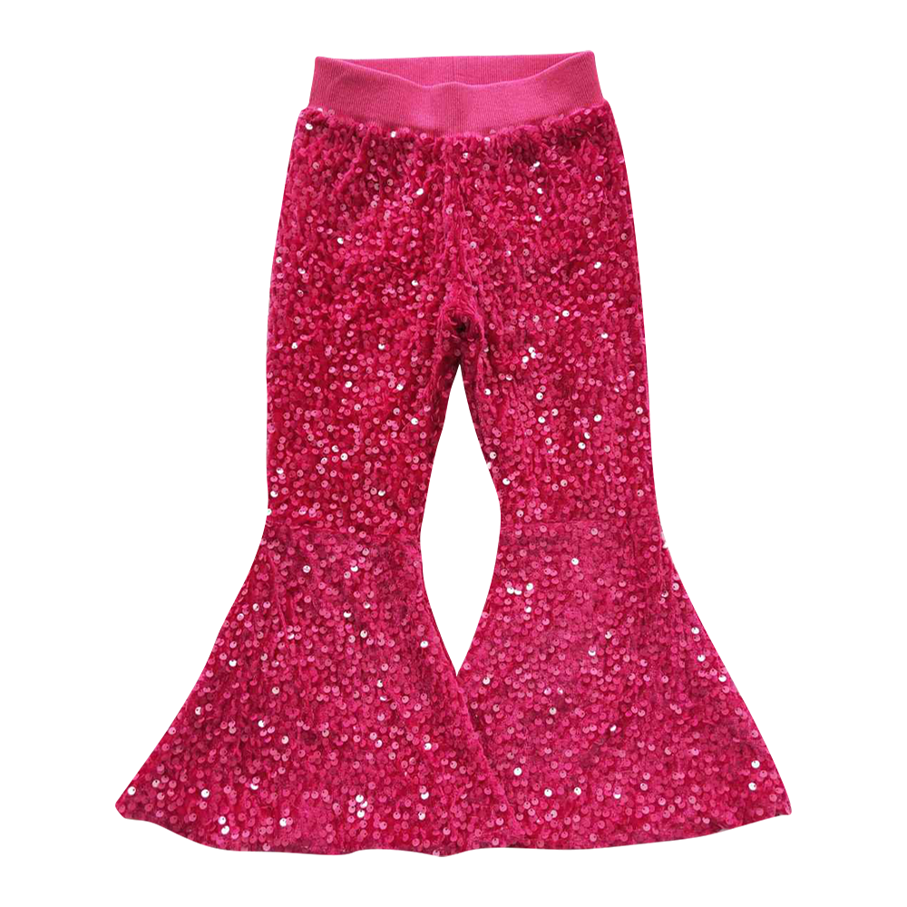 NO MOQ RTS Girl Clothes Fuchsia Sequin Print Elastic Waist Flare Bell Bottom Pants 202610