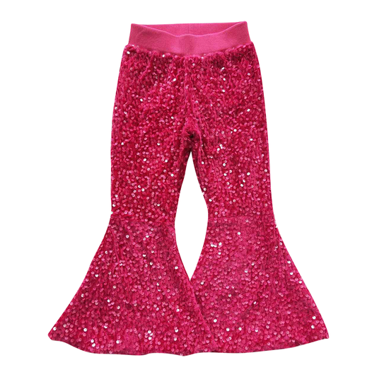 NO MOQ RTS Girl Clothes Fuchsia Sequin Print Elastic Waist Flare Bell Bottom Pants 202610