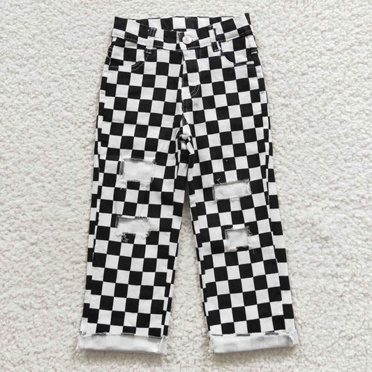 P0122 RTS western checkerboard  boy black white ripped jeans pants 20230531