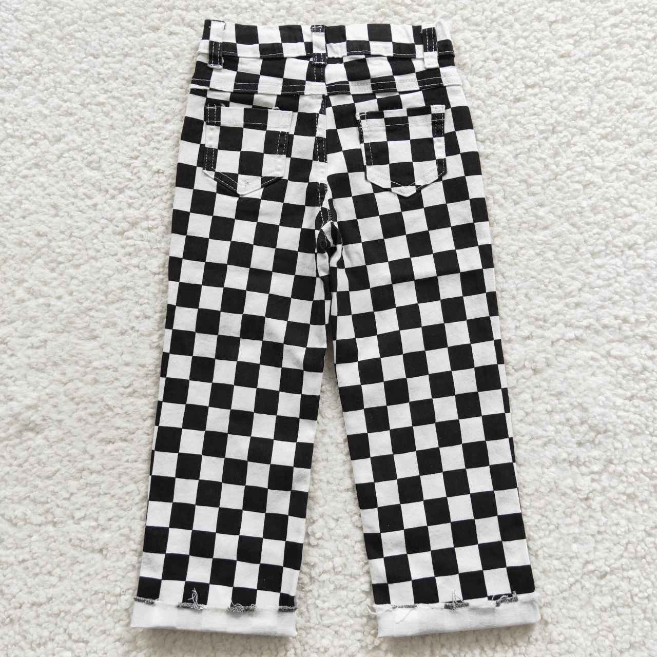 P0122 RTS western checkerboard  boy black white ripped jeans pants 20230531