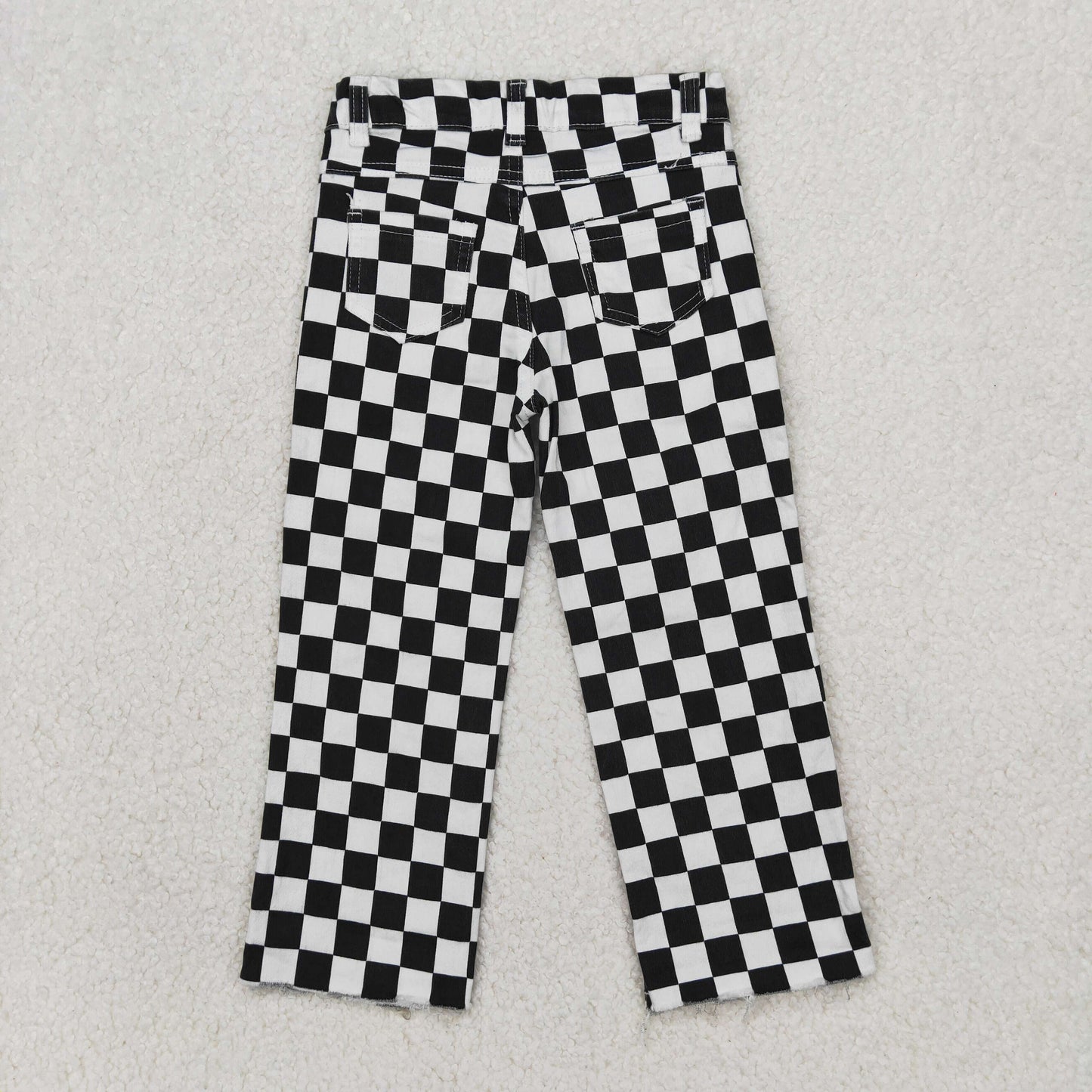 P0122 RTS western checkerboard  boy black white ripped jeans pants 202504 RTS