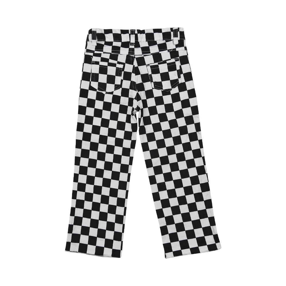 NO MOQ RTS P0122 Girl Clothes Black White Checkerboard Print Long Sleeve Ripped Flare Denim Pants 202610