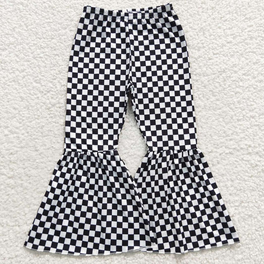 P0146 girl black white plaid bell bottom ruffles long girl pants  20230513 RTS