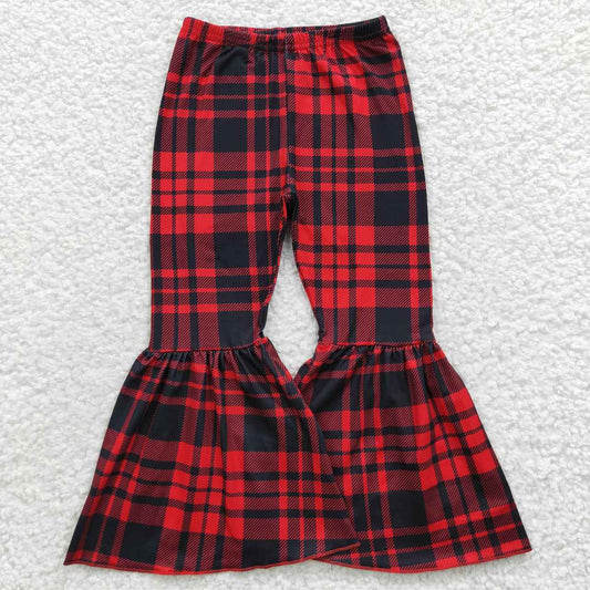 P0150 girl black RED plaid bell bottom ruffles long girl pants  20230517 RTS