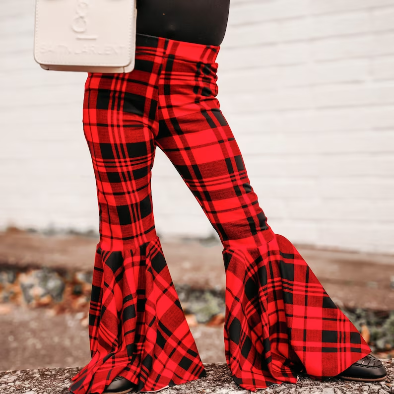 P0150 girl black RED plaid bell bottom ruffles long girl pants  20230517 RTS