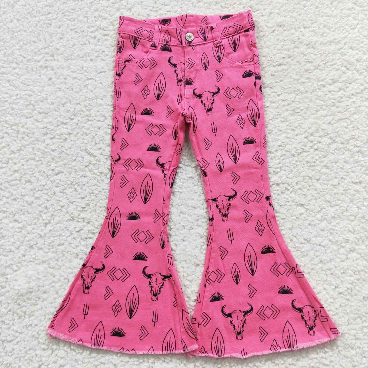 P0159 western cow pink cow kids denim jeans bell pants RTS 20230701