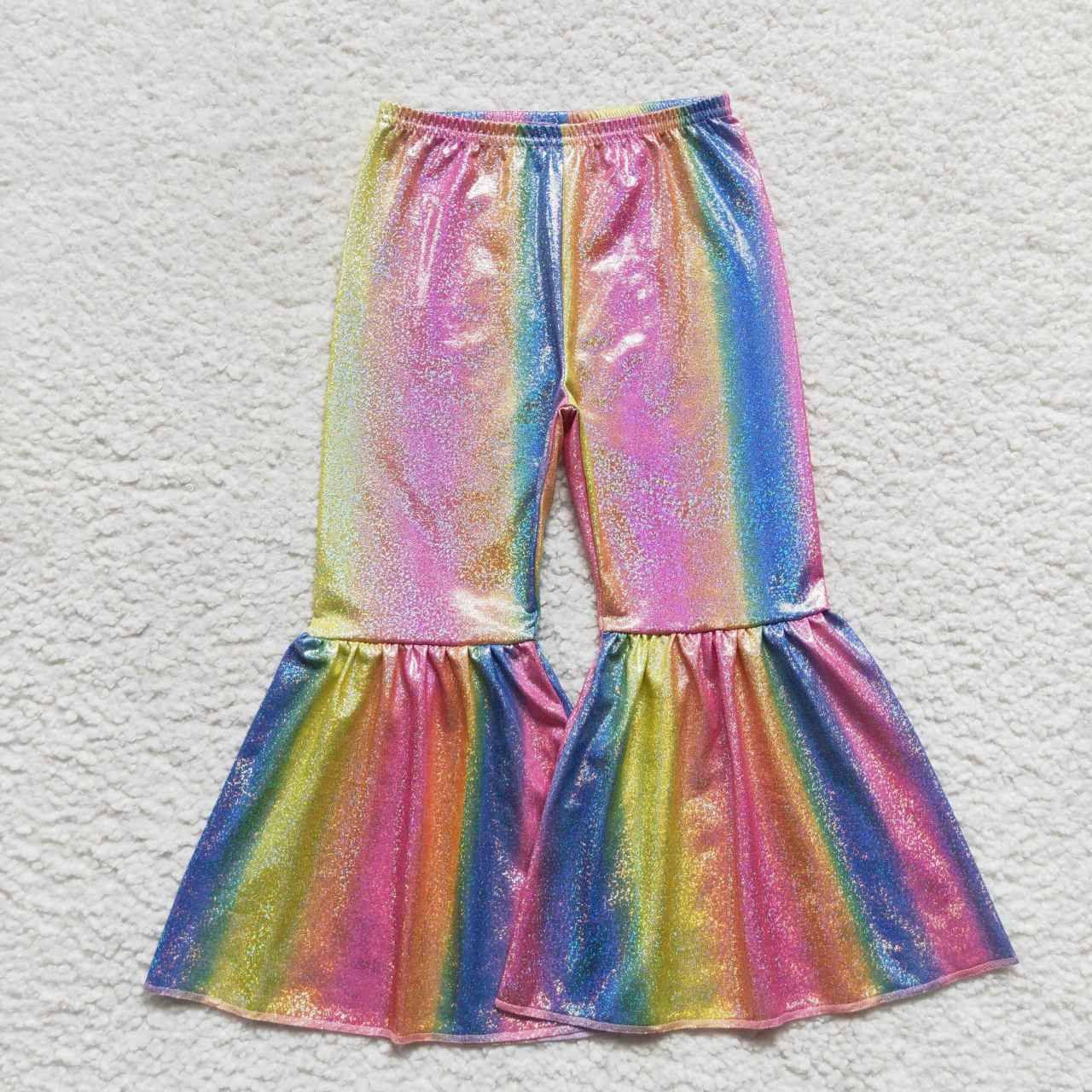 P0178 satin fabric gilding girl colorful rainbow bell bottom long girl pants 202300925 RTS