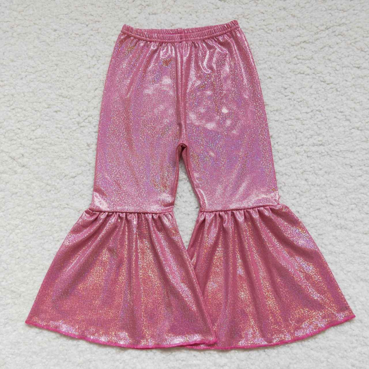 P0180 satin fabric gilding girl hot pink bell bottom long girl pants 20230731  RTS