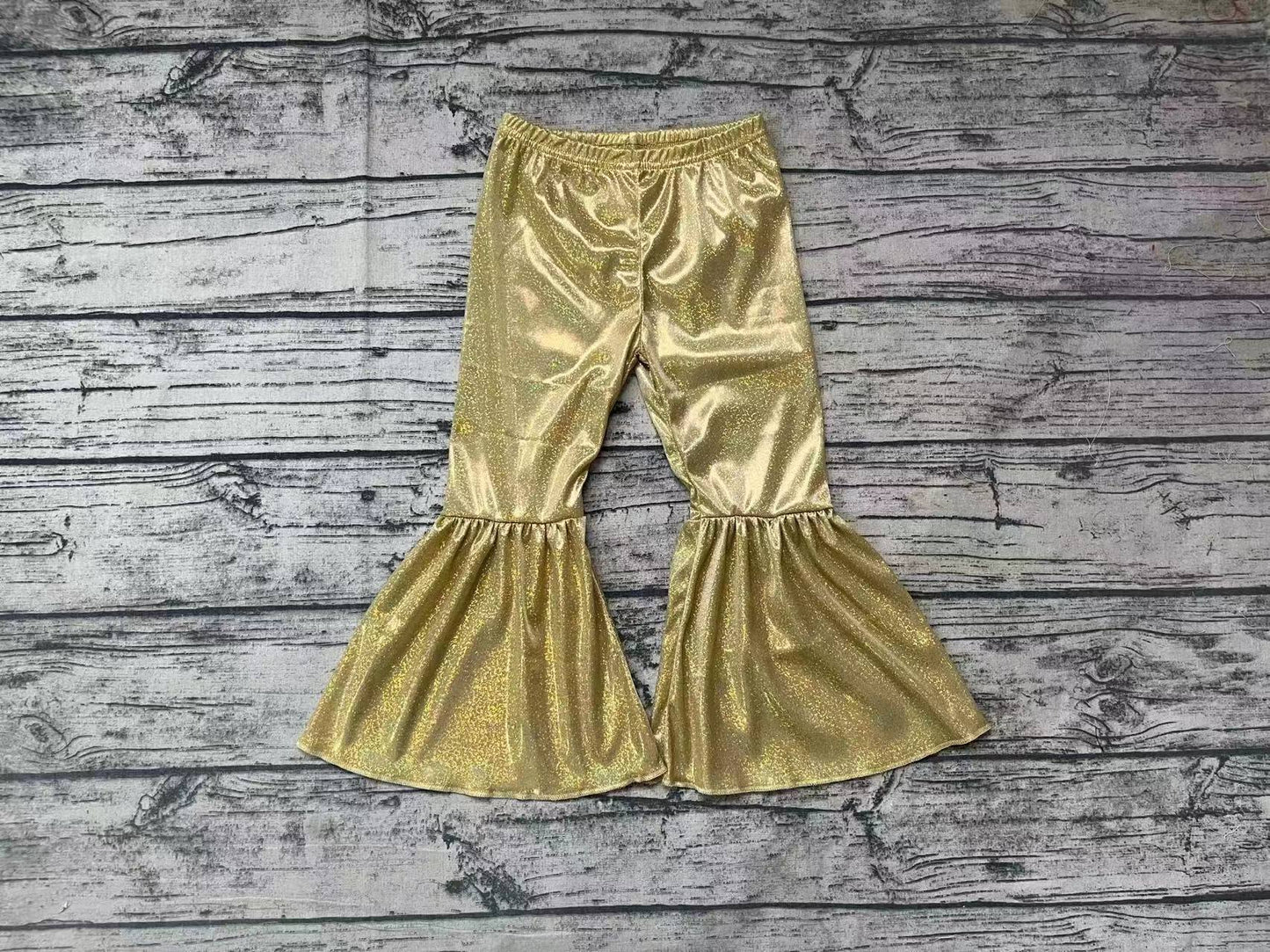 MOQ3 CUSTOM P0183 satin fabric gilding girl golden bell bottom long girl pants