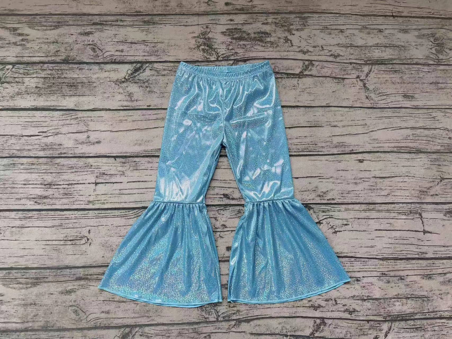 P0190 satin fabric gilding girl light blue bell bottom long girl pants 20230609 preorder