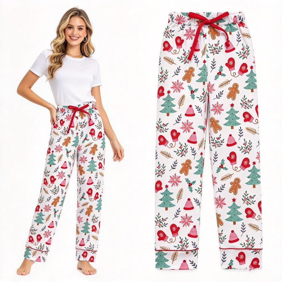 NO MOQ RTS P0236 (2) Women Clothes Christmas Gingerbread Tree Mixed Print Long Lounge Pants 202610