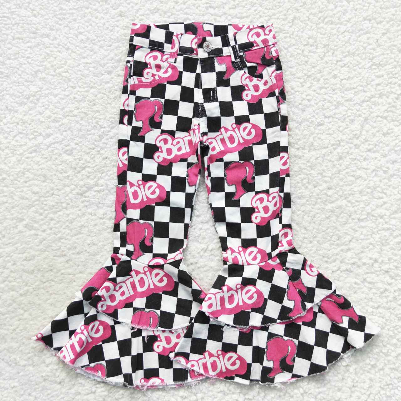 P0243 pink checkerbroad barbie ruffles button jeans denim pant 20230909 RTS