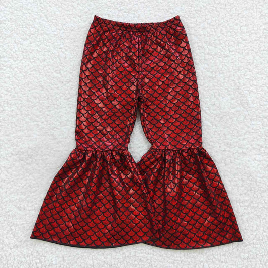 P0247 satin fish scale fish pattern gilding girl red bell bottom long girl pants 20230804 RTS