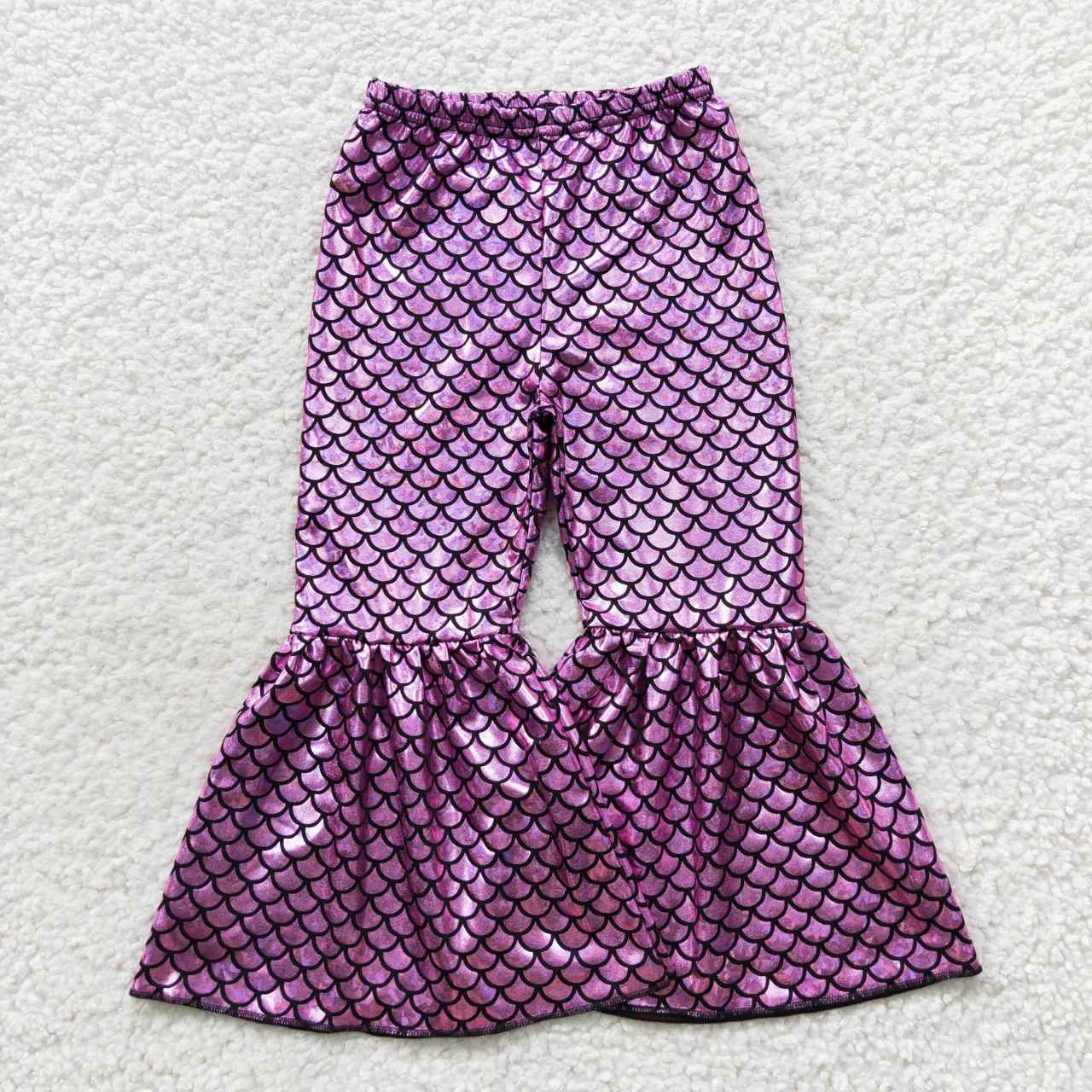 P0249 satin fish scale fish pattern gilding girl purple bell bottom long girl pants 20230803 RTS