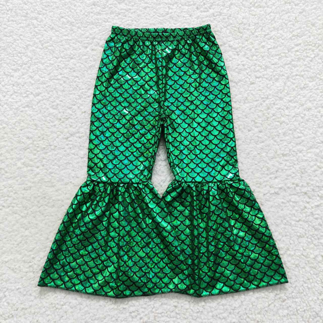 P0250 satin fish scale fish pattern gilding girl green golden bell bottom long girl pants 20230803