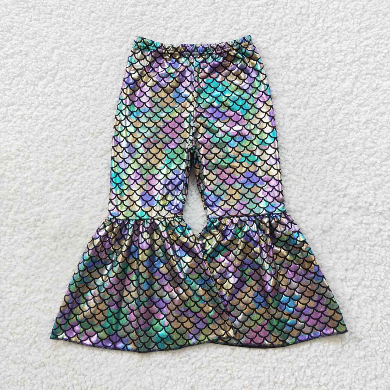 P0251 satin fish scale fish pattern gilding girl green colorful golden bell bottom long girl pants 20230802 RTS