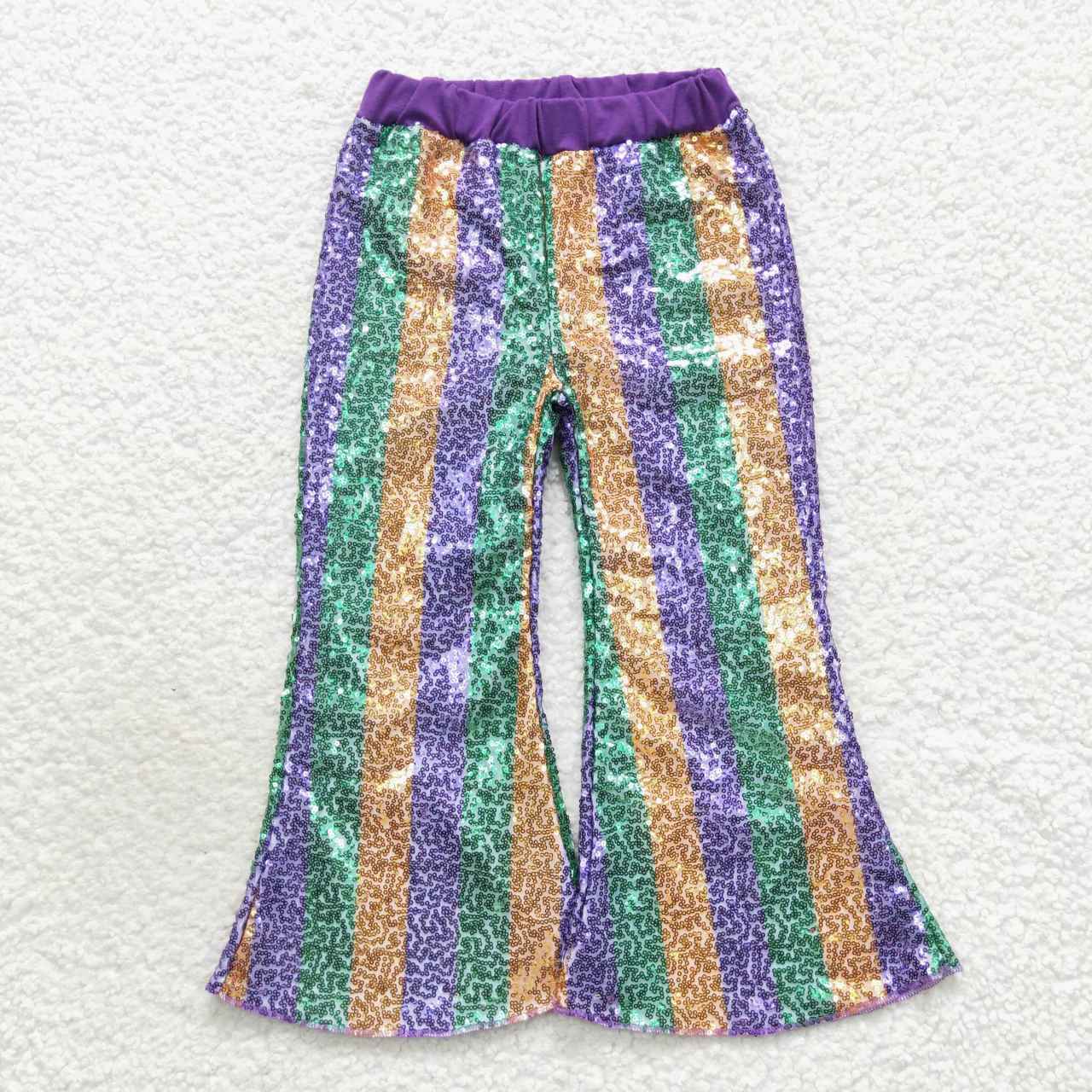 P0277 kids sequin Stripe Mardi Gras purple yellow green long bell pants  RTS 20230905