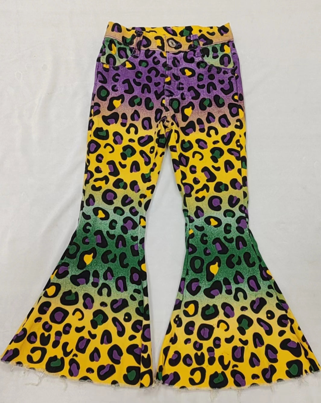 P0314  RTS western leopard yellow buttons zip up jeans girl kids denim jeans bell pants 20231212