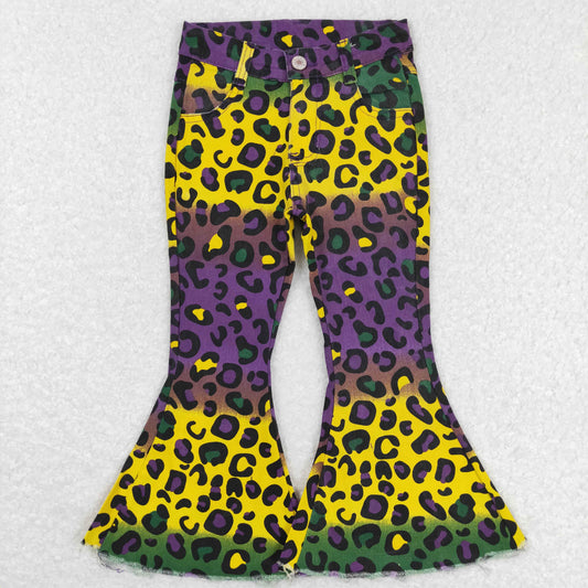 P0314  RTS western leopard yellow buttons zip up jeans girl kids denim jeans bell pants 20231212