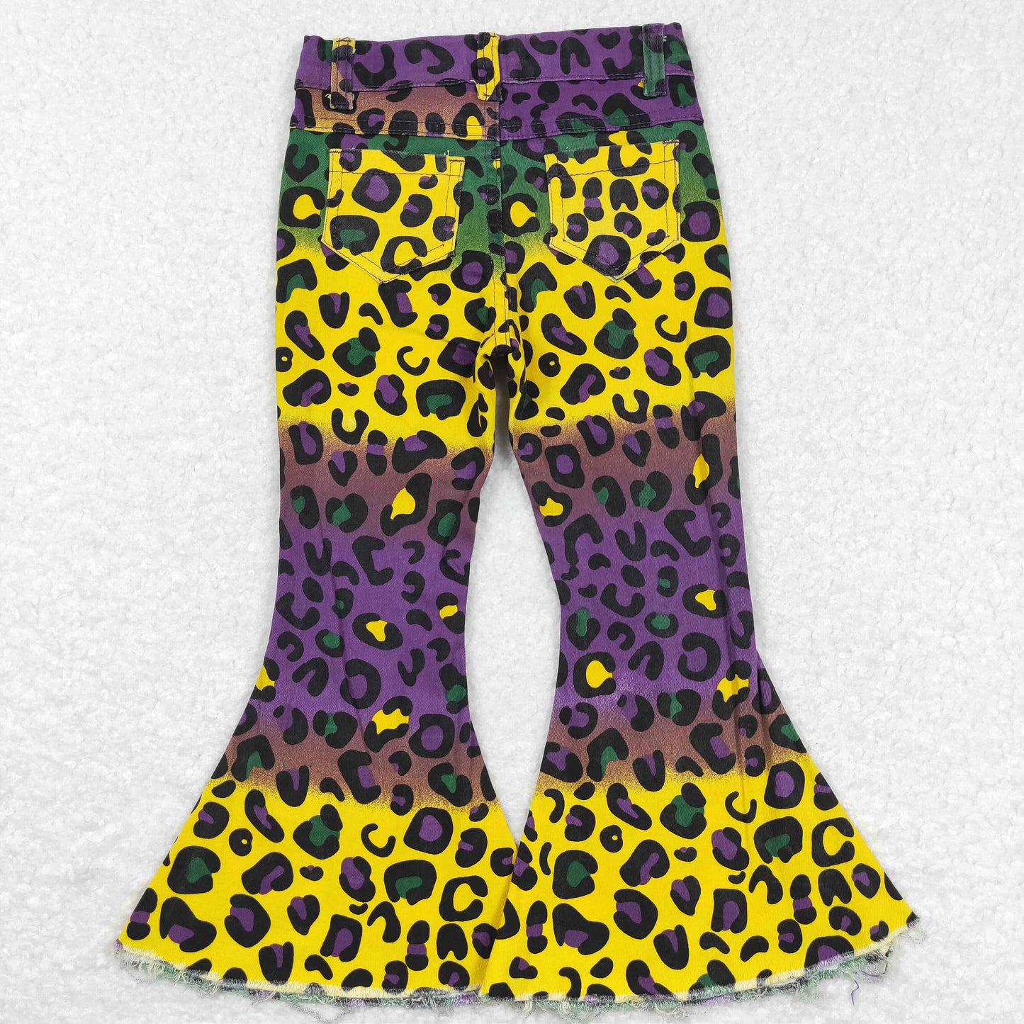 P0314  RTS western leopard yellow buttons zip up jeans girl kids denim jeans bell pants 20231212