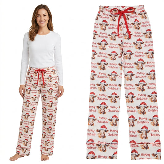 NO MOQ RTS P0321 (2)Women Clothes Christmas Cow With Santa Hat Allover Print Long Casual Pajama Pants 202610