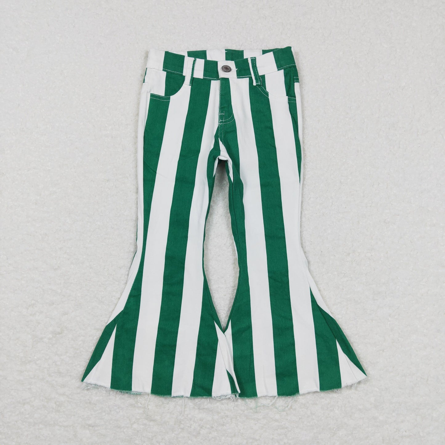 P0330 western stripe Green white buttons zip up jeans girl kids denim jeans bell pants 20231106RTS