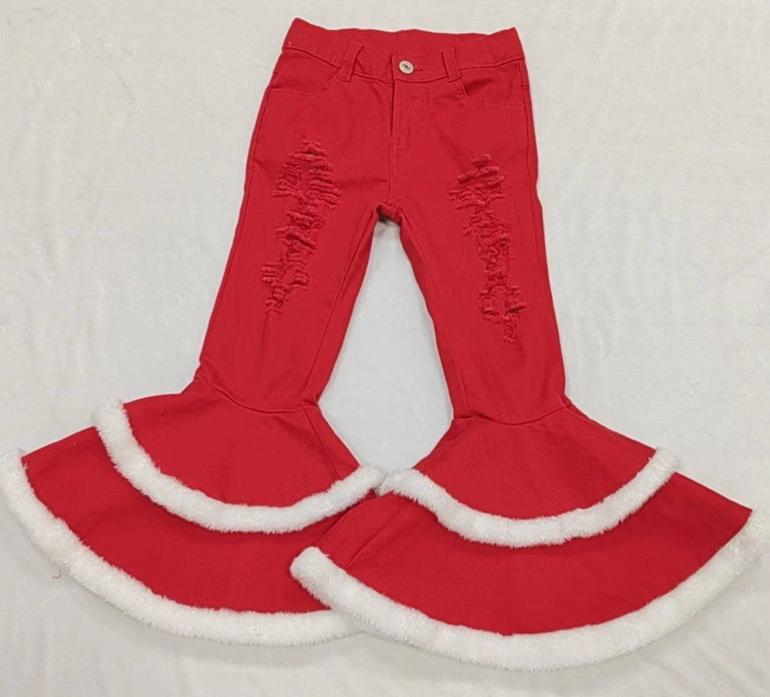 P0334 western Christmas red buttons zip up jeans girl kids denim jeans bell pants 202312 RTS