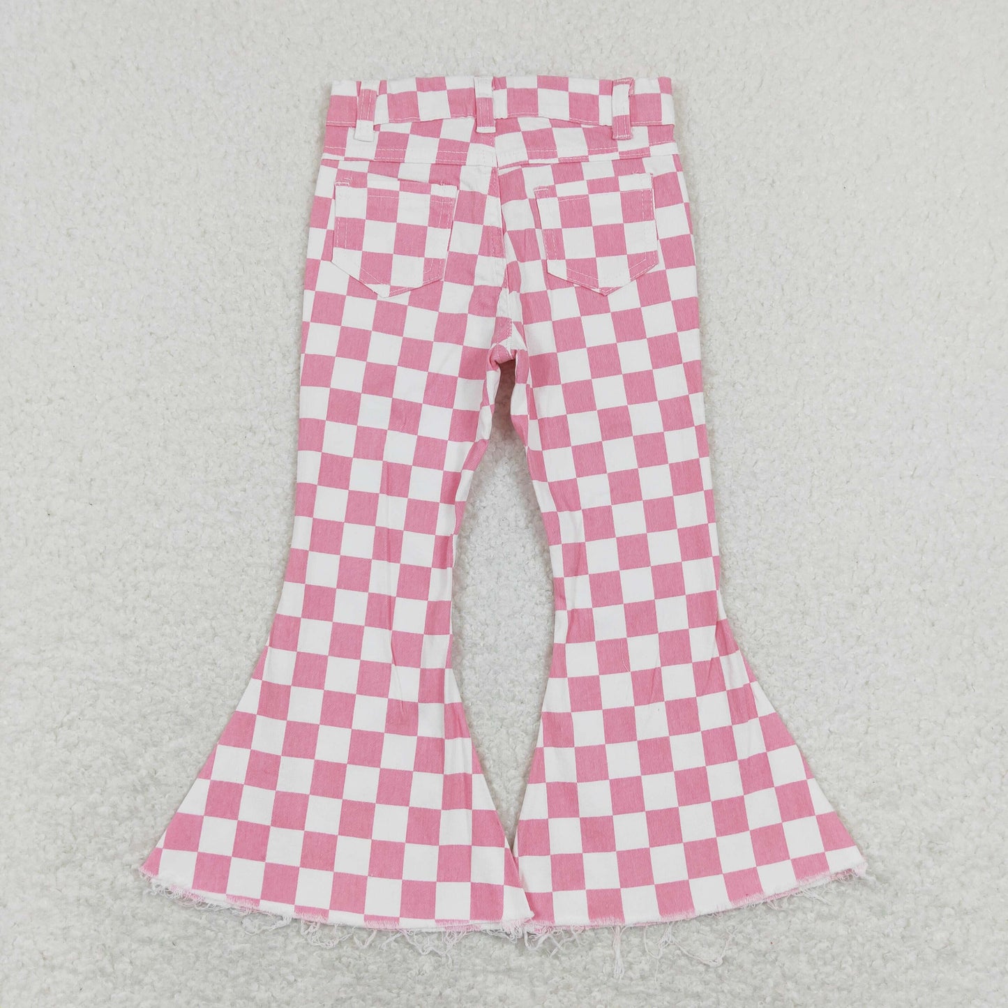 P0348 western checkerboard stripe buttons zip up jeans girl kids denim jeans bell pants 202401 RTS