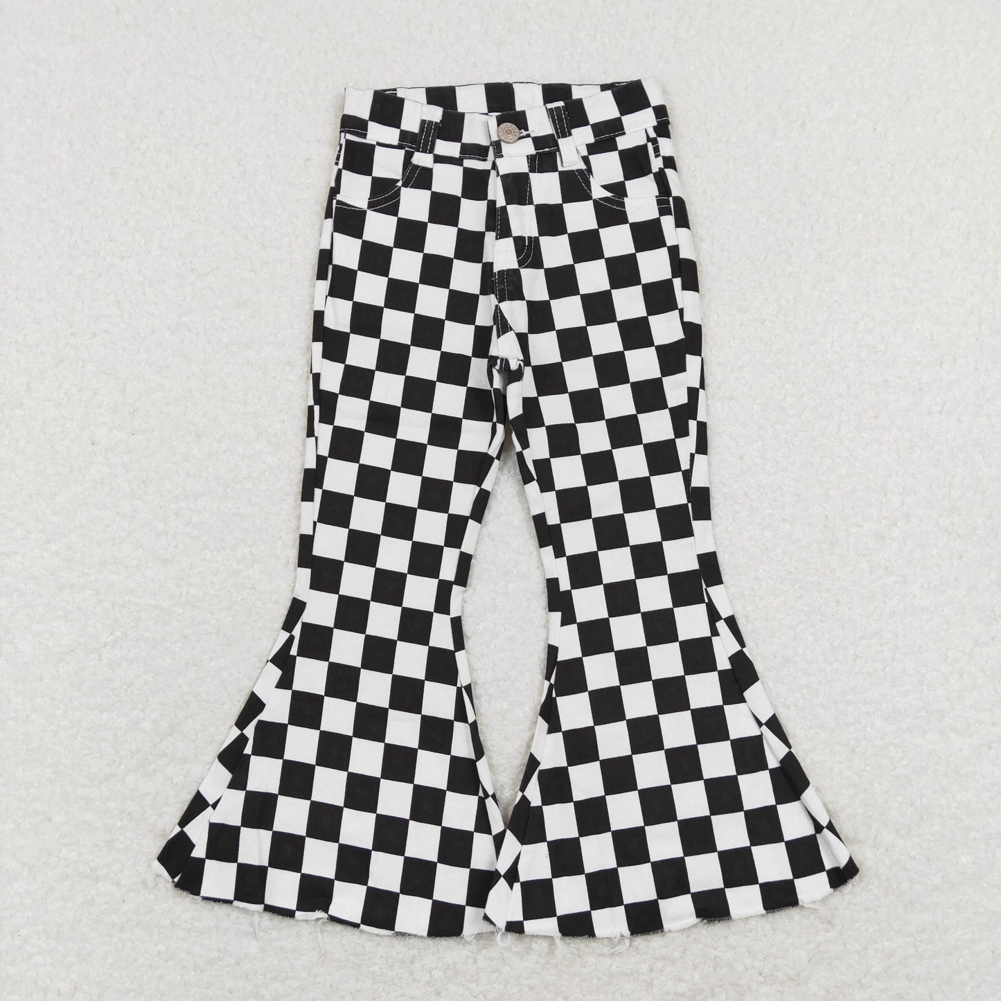 P0349 western checkerboard stripe buttons zip up jeans girl kids denim jeans bell pants 202401 RTS