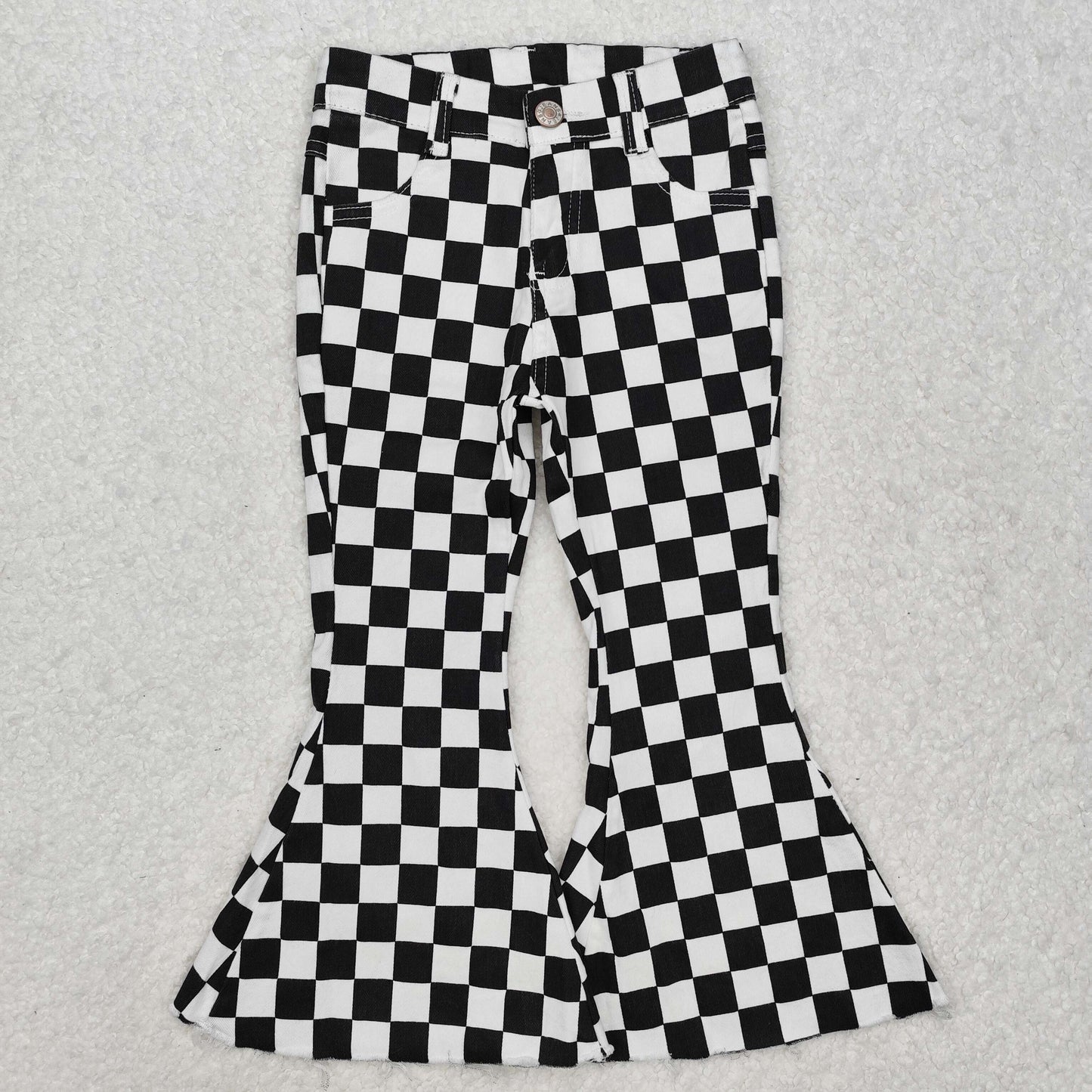 P0349 western checkerboard stripe buttons zip up jeans girl kids denim jeans bell pants 202501 RTS