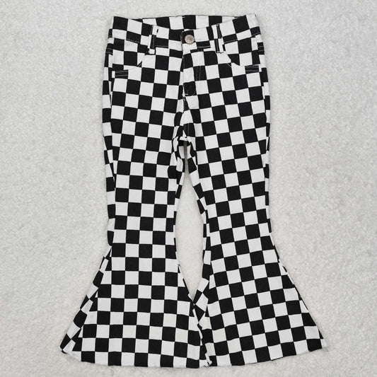 P0349 western checkerboard stripe buttons zip up jeans girl kids denim jeans bell pants 202501 RTS