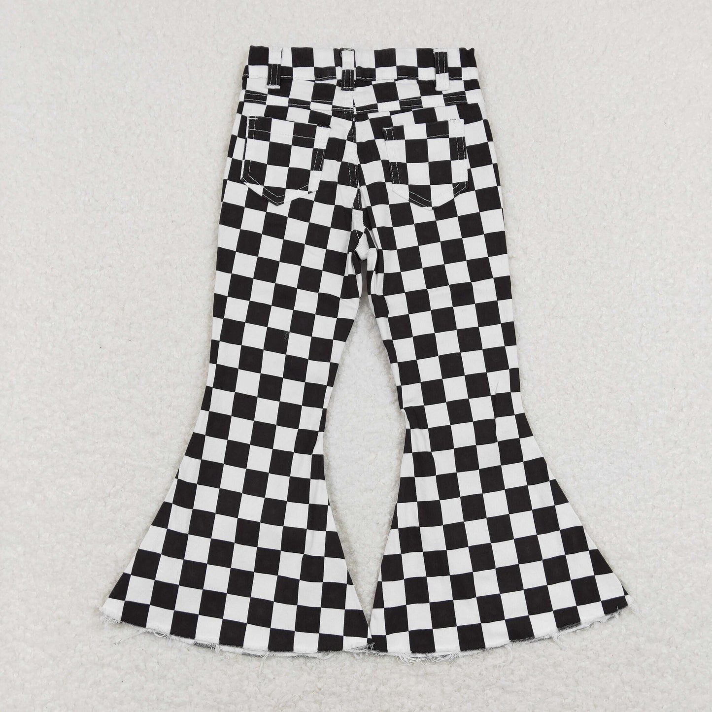 P0349 western checkerboard stripe buttons zip up jeans girl kids denim jeans bell pants 202401 RTS