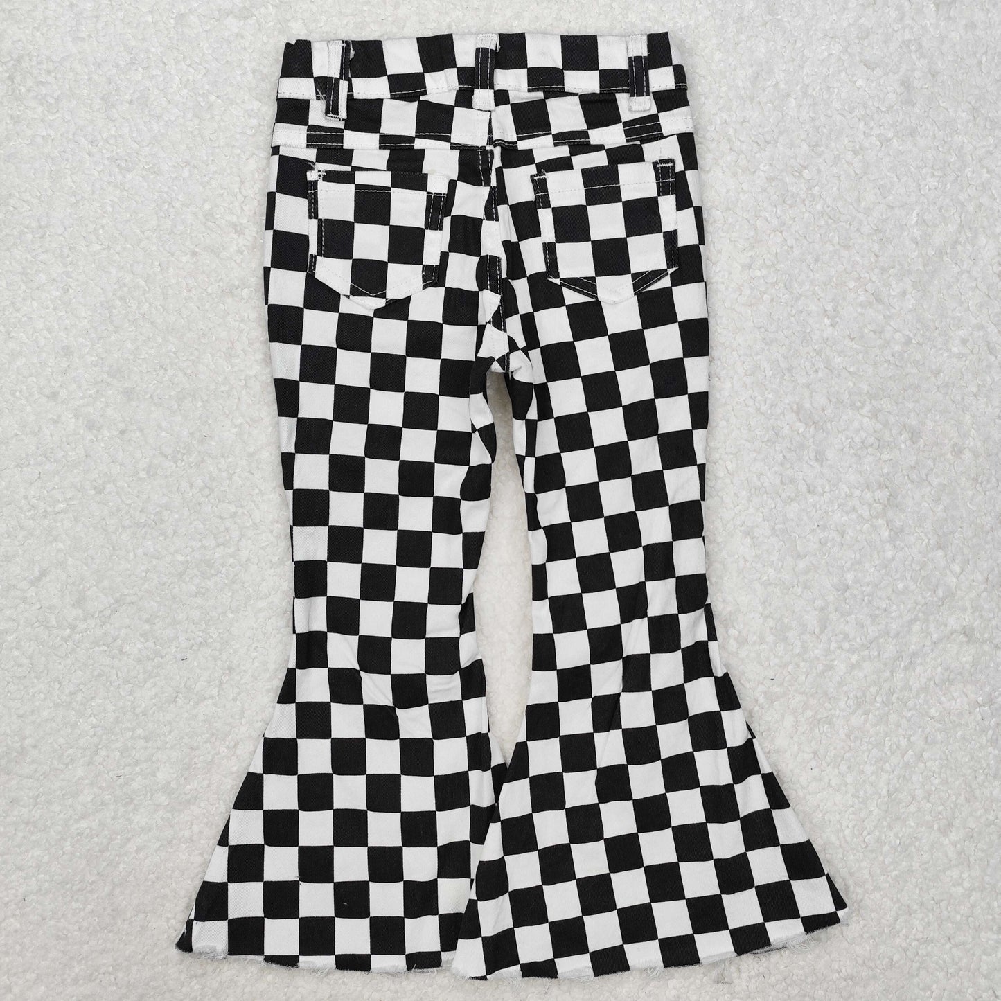 P0349 western checkerboard stripe buttons zip up jeans girl kids denim jeans bell pants 202501 RTS