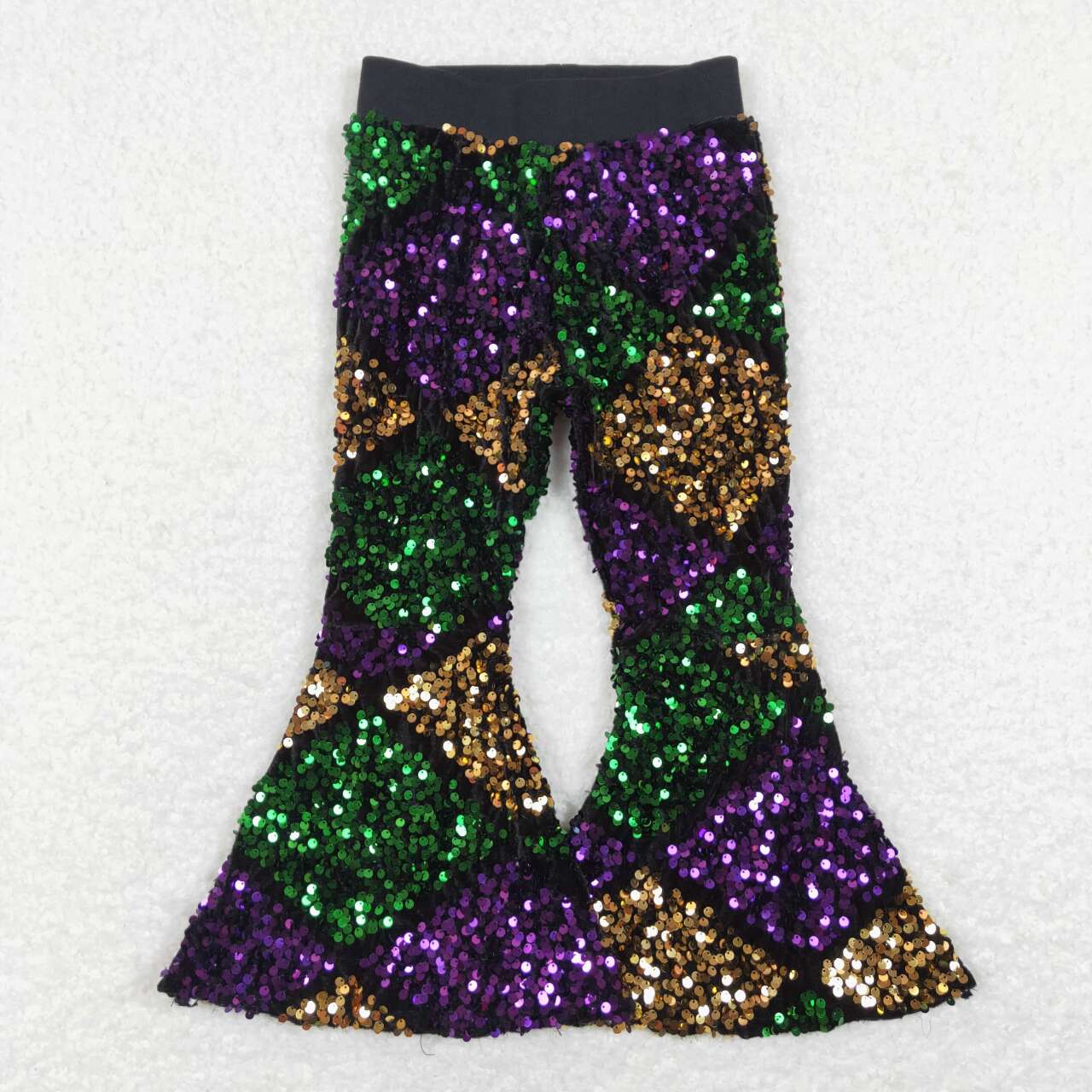 P0359  Mardi  gras girl bell bottom purple green golden colorful sequin long pants RTS 202401